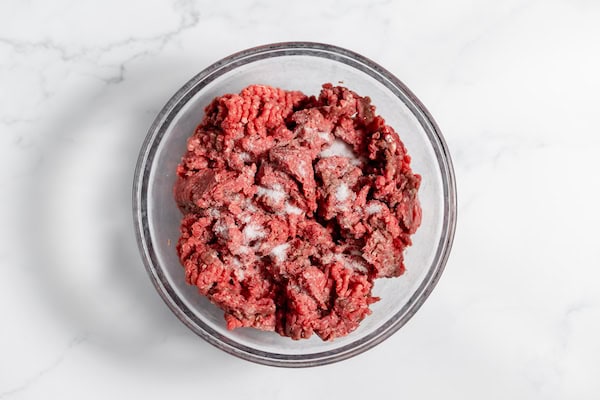 a bowl with ground venison and salt