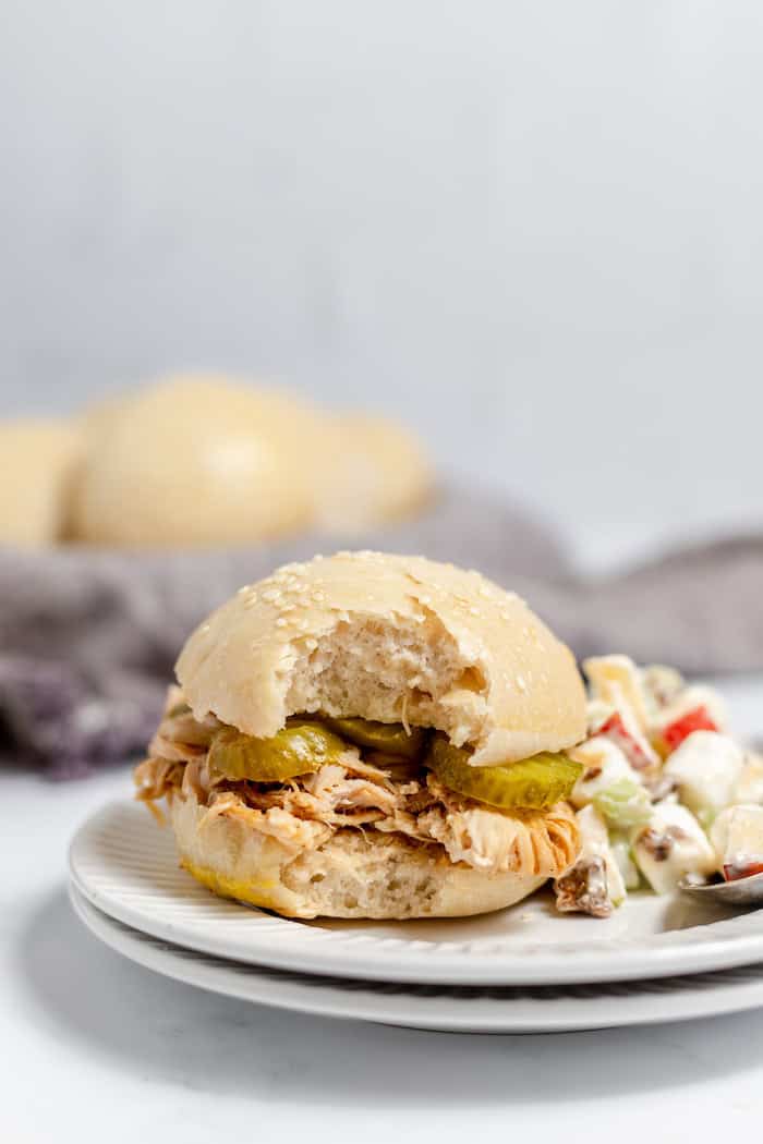 Image shows a barbecue sandwich with pickles and potato salad nearby on a sourdough bun