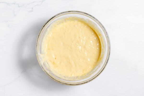 Image, taken from above, shows the sourdough waffle batter ready to cook