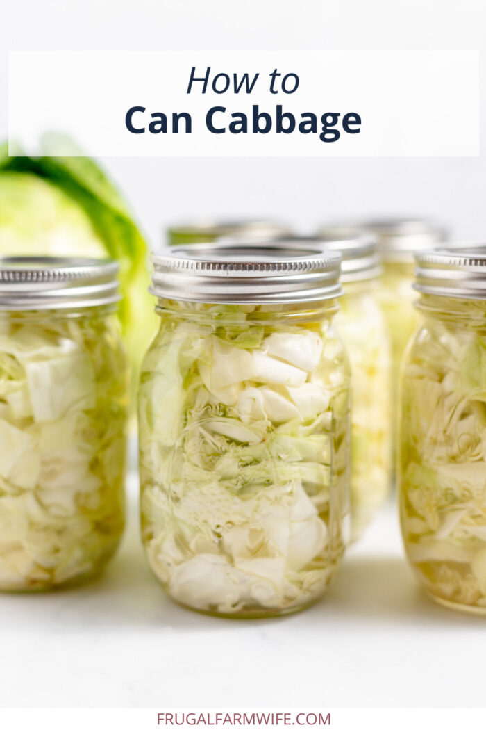 Image shows several glass jars full of canned cabbage. Text above reads "How to Can Cabbage"