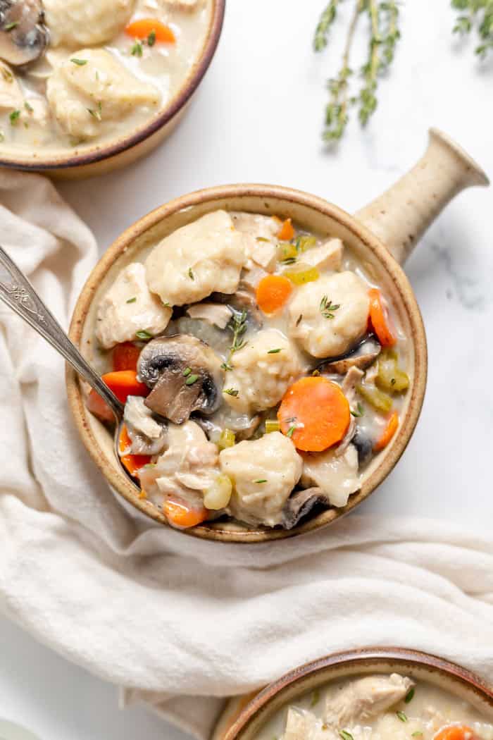 bowl of chicken and dumplings