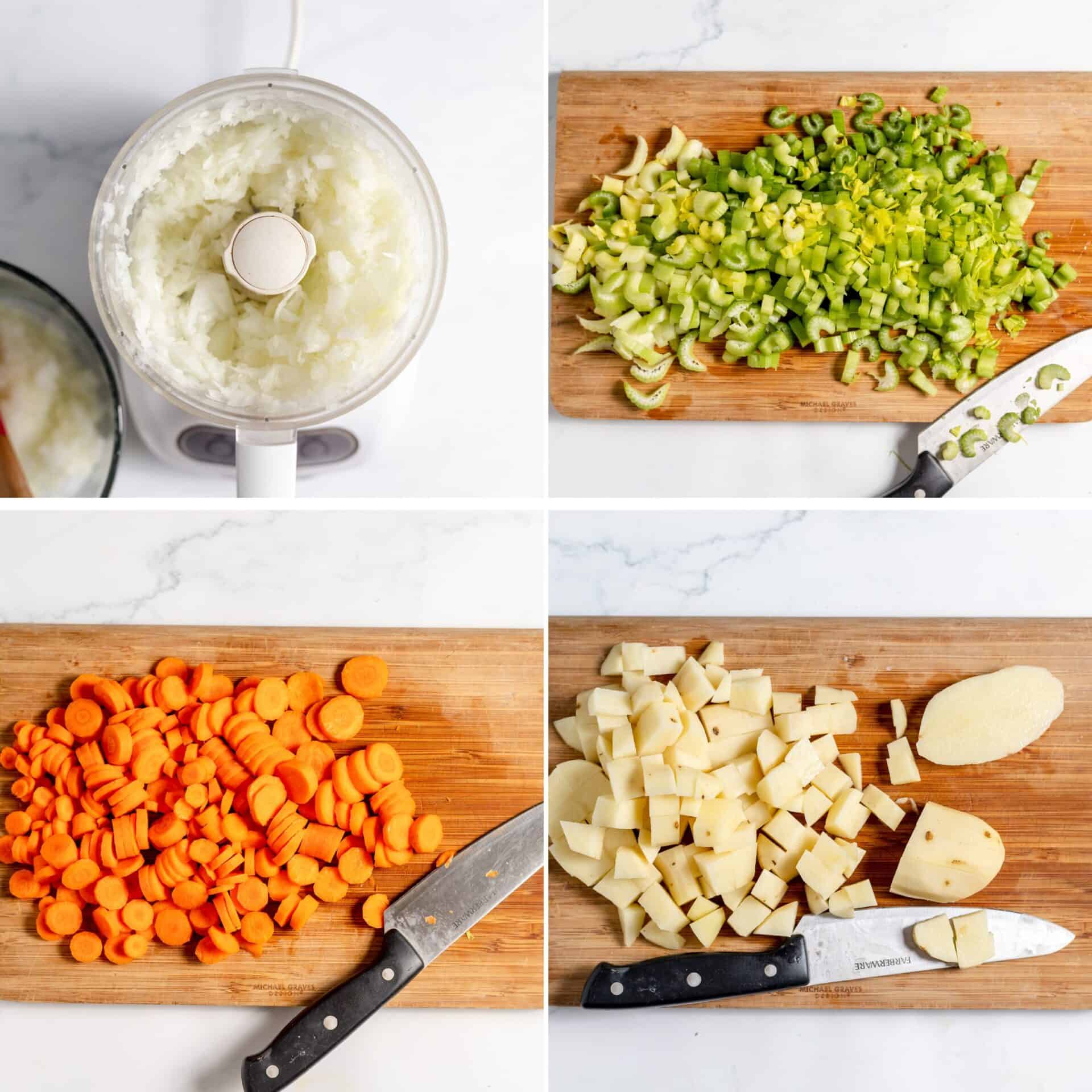 Image shows a collage of chopping vegetables for soup