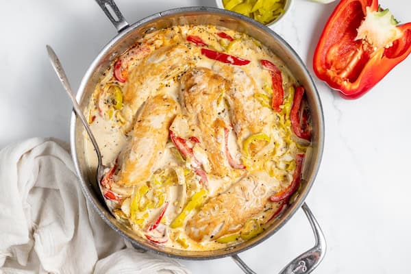 creamy pepperoncini chicken in skillet