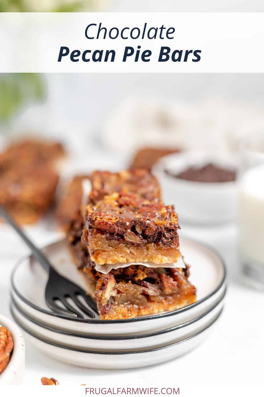 Image shows a small stack of chocolate pecan bars on a plate with a fork next to them. Text above reads "Chocolate Pecan Pie Bars"