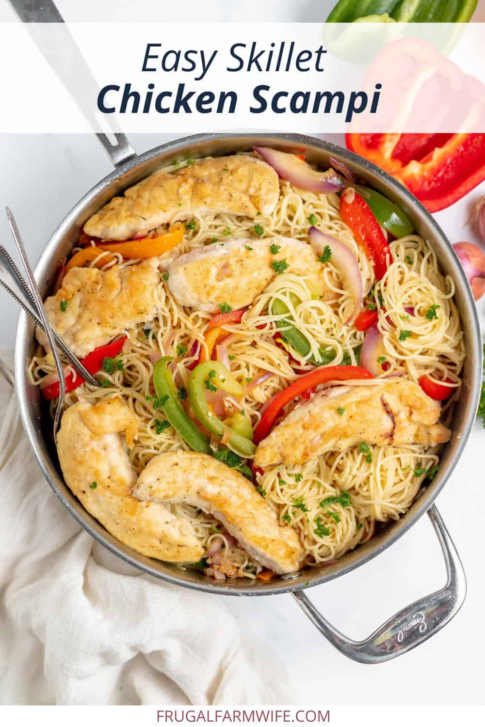 Image shows a large stock pot of chicken scampi with angel hair pasta and vegetables. Text above reads "Easy Chicken Scampi Recipe"