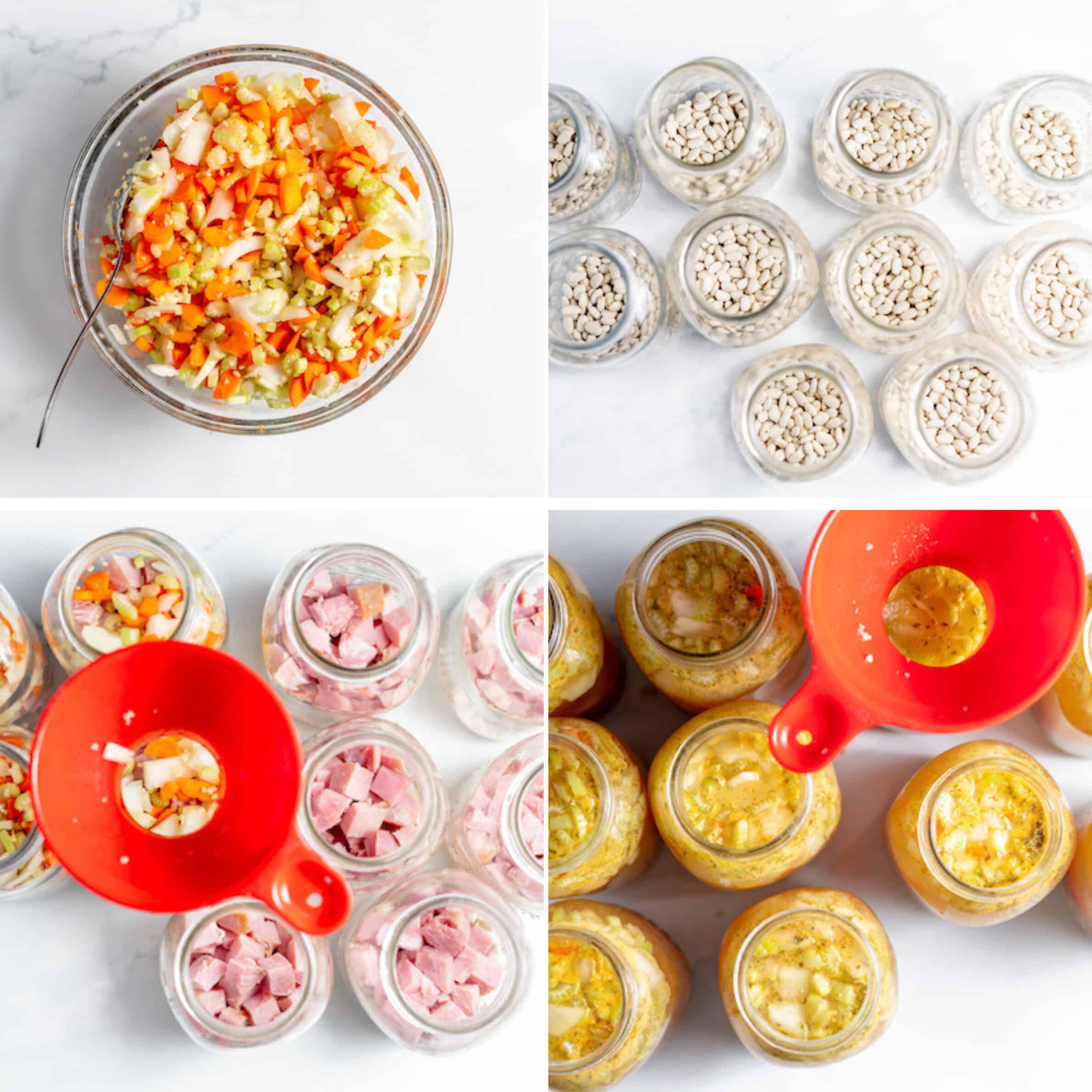 Image shows a collage of photos outling the process for canning ham and bean soup, showing the jars being filled.