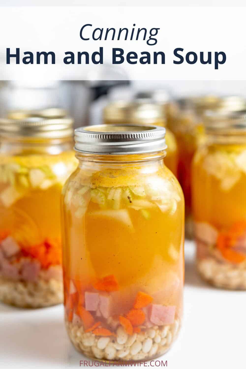 Image shows several glass jars of canned ham and bean soup on a counter. Text above reads "Canning Ham and Bean Soup"