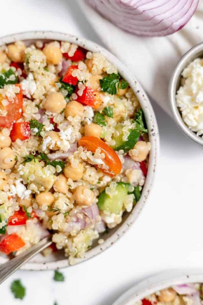 close up of quinoa chickpea salad