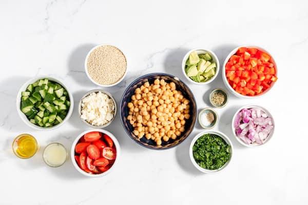 ingredients for quinoa chickpea salad on table