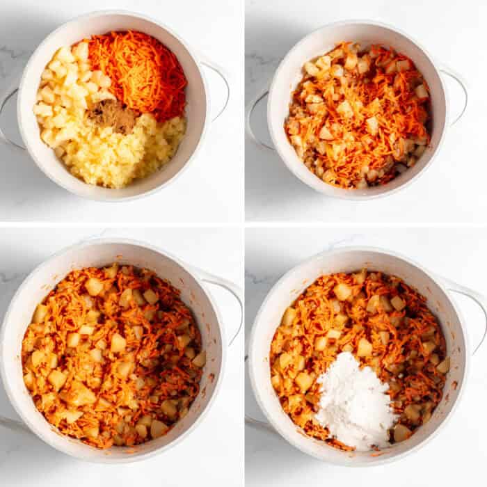 adding ingredients to carrot cake jam pot. Process collage one.