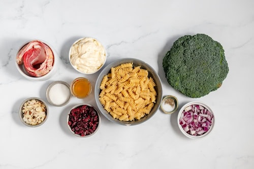 ingredients shot for broccoli pasta salad