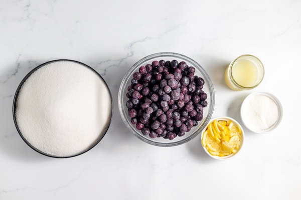 ingredients mis en place for blueberry lemon jam