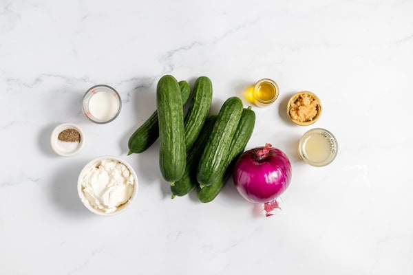 ingredients for cucumber salad on a table