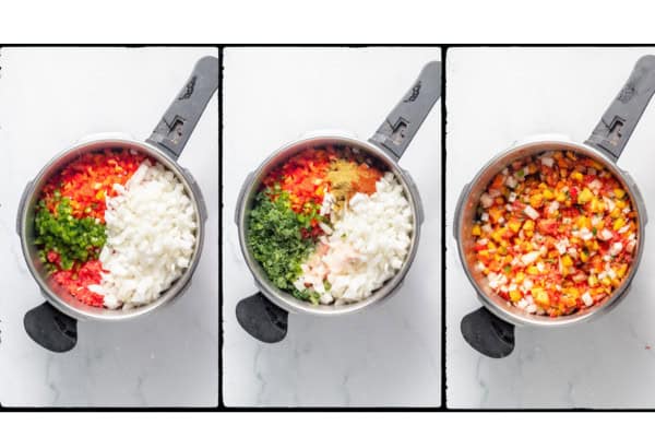 all ingredients added to peach salsa