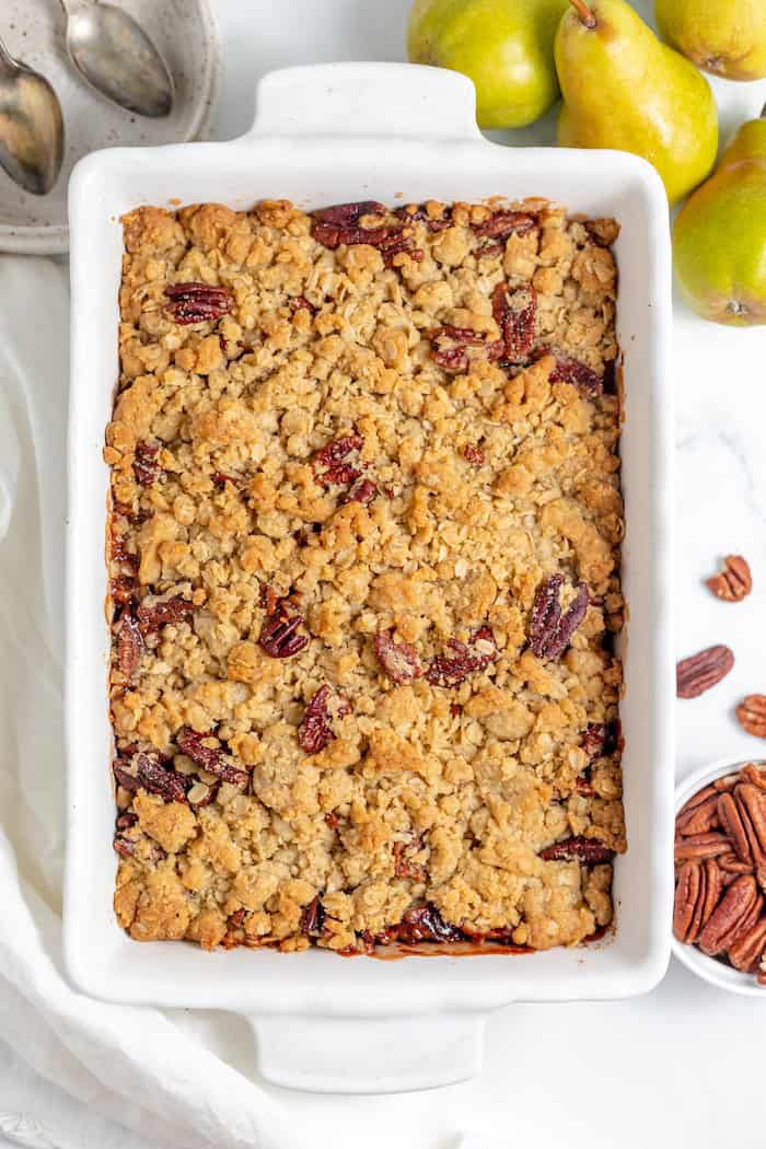 finished pear crisp in baking pan