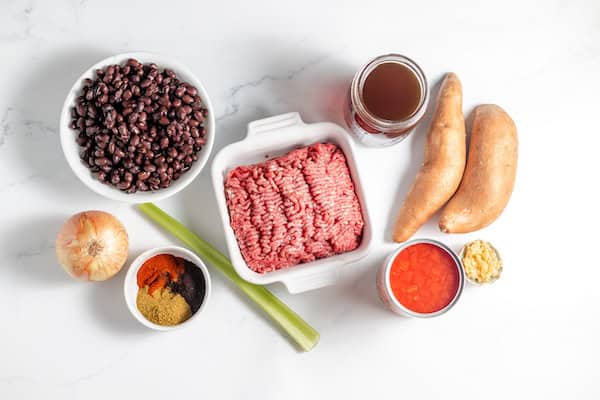ingredients for making sweet potato and black bean chili