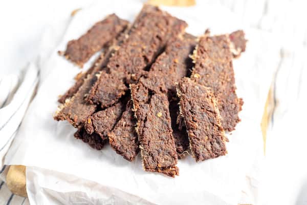 bison jerky on a cutting board