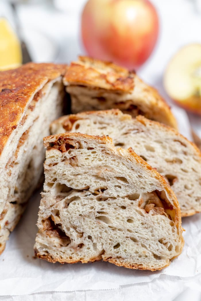 sliced loaf of cinnamon apple bread