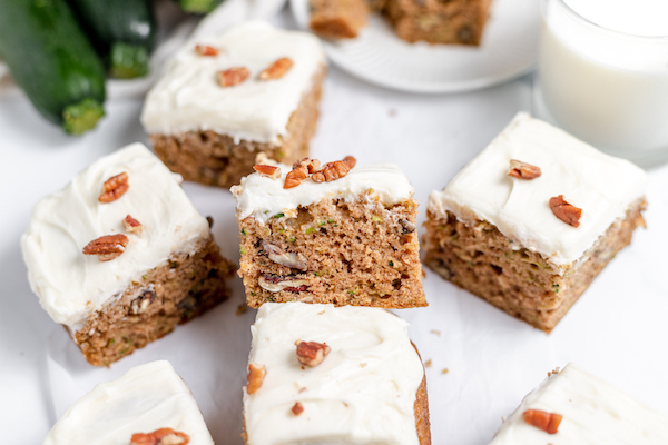 sliced zucchini cake with cream cheese icing