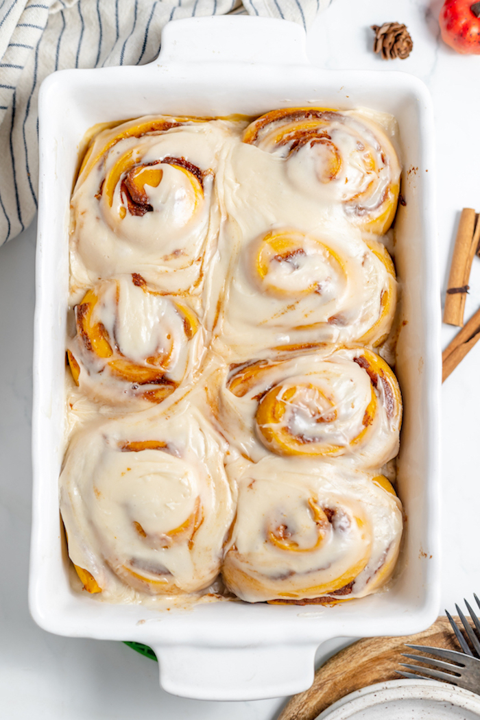 sourdough pumpkin cinnamon rolls with maple icing
